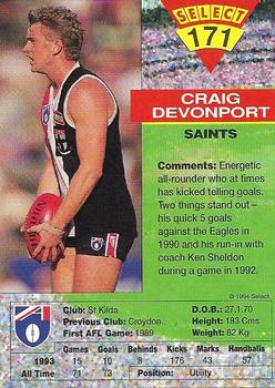 1994 Select AFL #171 Craig Devonport Back